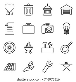 thin line icon set : cardio chip, bin, goverment house, garage, document, suitcase, camera, bulb, cooler fan, bbq, repair tools, pan, field, hand leaf, wrench, iron board