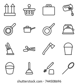 thin line icon set : cargo top sign, basket, suitcase, mixer, pan, saute, kettle, knife holder, scissors, axe, bucket, plunger, toilet brush, duster