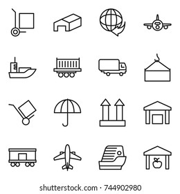 thin line icon set : cargo stoller, warehouse, delivery, plane, sea shipping, truck, loading crane, trolley, dry, top sign, railroad, airplane, cruise ship