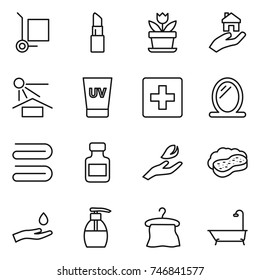 thin line icon set : cargo stoller, lipstick, flower, real estate, sun potection, uv cream, first aid, mirror, towel, pills bottle, hand leaf, sponge with foam, and drop, liquid soap, hanger, bath