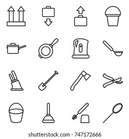 thin line icon set : cargo top sign, baggage get, bucket, saute pan, kettle, ladle, knife holder, shovel, axe, pruner, plunger, toilet brush, duster