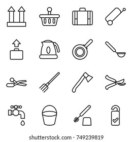 thin line icon set : cargo top sign, basket, suitcase, baggage, kettle, pan, ladle, scissors, fork, axe, pruner, water tap, bucket, toilet brush, please clean