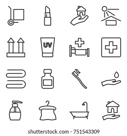 thin line icon set : cargo stoller, lipstick, real estate, sun potection, top sign, uv cream, hospital, first aid, towel, pills bottle, tooth brush, hand and drop, liquid soap, hanger, bath, housing