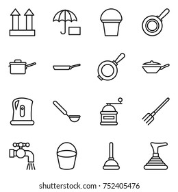 thin line icon set : cargo top sign, insurance, bucket, pan, saute, kettle, ladle, hand mill, fork, water tap, plunger