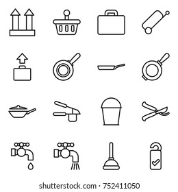 thin line icon set : cargo top sign, basket, suitcase, baggage, pan, garlic clasp, bucket, pruner, water tap, plunger, please clean