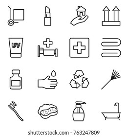 Thin line icon set : cargo stoller, lipstick, real estate, top sign, uv cream, hospital, first aid, towel, pills bottle, hand drop, recycling, rake, tooth brush, sponge with foam, liquid soap, bath