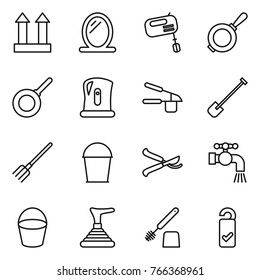 Thin line icon set : cargo top sign, mirror, mixer, pan, kettle, garlic clasp, shovel, fork, bucket, pruner, water tap, plunger, toilet brush, please clean