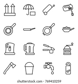 Thin line icon set : cargo top sign, insurance, suitcase, mixer, pan, kettle, garlic clasp, hand mill, axe, bucket, water tap, please clean