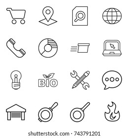 thin line icon set : cart, pointer, search document, globe, phone, circle diagram, delivery, notebook, bulb, bio, pencil wrench, balloon, garage, pan, fire