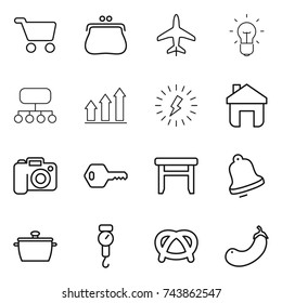 thin line icon set : cart, purse, plane, bulb, structure, graph up, lightning, home, camera, key, stool, bell, pan, handle scales, pretzel, eggplant