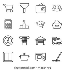 thin line icon set : cart, funnel, wallet, group, calculator, pedestal, graduate hat, remove from basket, info, column, garage, train, power switch, pan, grill oven, rake