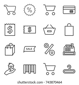 thin line icon set : cart, percent, credit card, receipt, remove from basket, shopping bag, sale, cashbox, real estate, bar code, hanger