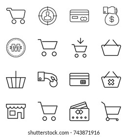 thin line icon set : cart, target audience, card, money gift, crypto currency, add to, basket, hand coin, credit, delete, shop