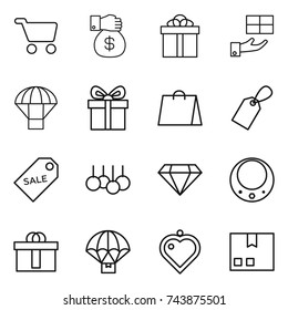 thin line icon set : cart, money gift, parachute, shopping bag, label, sale, diamond, necklace, hi quality package, delivery, heart pendant