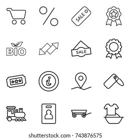 thin line icon set : cart, percent, sale, medal, bio, up down arrow, ticket, info, geo pin, label, train, identity card, trailer, handle washing