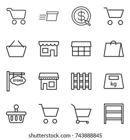thin line icon set : cart, delivery, dollar arrow, basket, shop, market, shopping bag, store signboard, pallet, heavy, rack