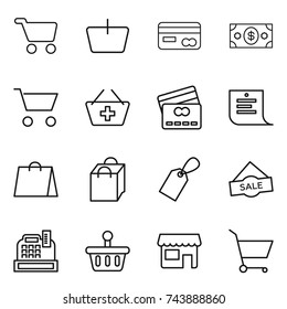 thin line icon set : cart, basket, card, money, add to, credit, shopping list, bag, label, sale, cashbox, shop