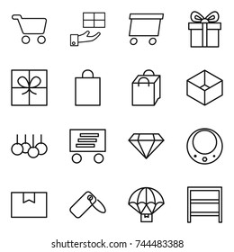 thin line icon set : cart, gift, delivery, shopping bag, box, sale, diamond, necklace, package, label, parachute, rack