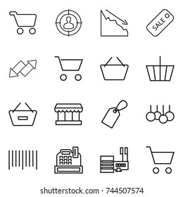 thin line icon set : cart, target audience, crisis, sale, up down arrow, basket, remove from, market, label, bar code, cashbox, mall