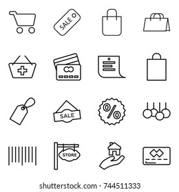 thin line icon set : cart, sale, shopping bag, add to basket, credit card, list, label, percent, bar code, store signboard, real estate