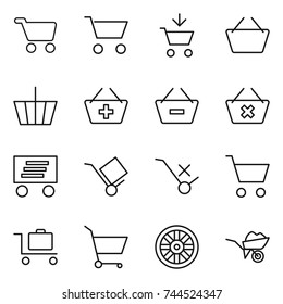 thin line icon set : cart, add to, basket, remove from, delete, delivery, trolley, do not sign, baggage, wheel, wheelbarrow