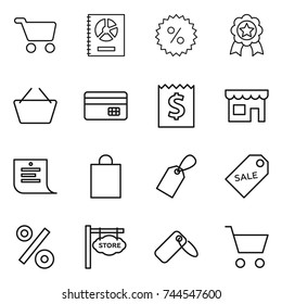 thin line icon set : cart, annual report, percent, medal, basket, credit card, receipt, shop, shopping list, bag, label, sale, store signboard
