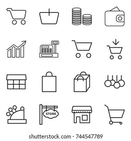 thin line icon set : cart, basket, coin stack, wallet, diagram, cashbox, add to, market, shopping bag, sale, store signboard, shop