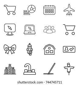 thin line icon set : cart, diagram, calendar, plane, monitor arrow, notebook, group, bow, spark plug, house, check in, hotel, water tap, rake, scarecrow
