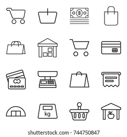 thin line icon set : cart, basket, money, shopping bag, warehouse, credit card, market scales, atm receipt, hangare, heavy