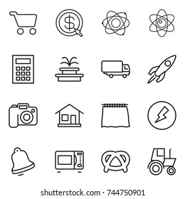 thin line icon set : cart, dollar arrow, atom, calculator, fountain, shipping, rocket, camera, home, curtain, electricity, bell, microwave oven, pretzel, tractor