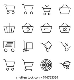 thin line icon set : cart, add to, basket, remove from, delete, delivery, cargo stoller, trolley, do not sign, wheel, wheelbarrow