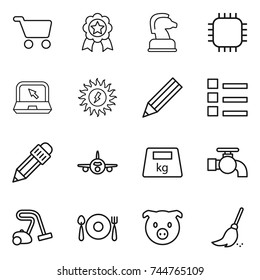 thin line icon set : cart, medal, chess horse, chip, notebook, sun power, pencil, list, plane, heavy, water tap, vacuum cleaner, fork spoon plate, pig, broom