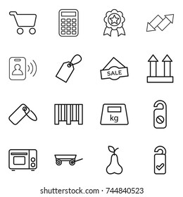 thin line icon set : cart, calculator, medal, up down arrow, pass card, label, sale, cargo top sign, bar code, heavy, do not distrub, grill oven, trailer, pear, please clean
