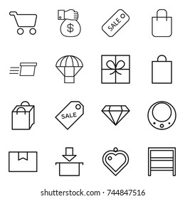 thin line icon set : cart, money gift, sale, shopping bag, delivery, parachute, label, diamond, necklace, package box, heart pendant, rack
