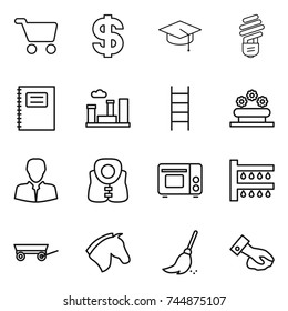 thin line icon set : cart, dollar, graduate hat, bulb, copybook, city, stairs, flower bed, client, life vest, grill oven, watering, trailer, horse, broom, wiping