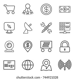 thin line icon set : cart, share, dollar, money, monitor arrow, satellite antenna, pencil wrench, server, web cam, pin, delivery, lock, invoice, globe, map, wireless