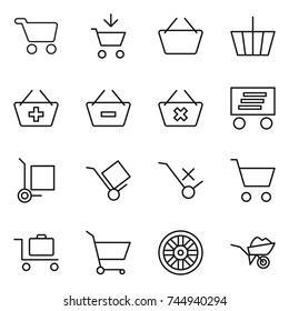 thin line icon set : cart, add to, basket, remove from, delete, delivery, cargo stoller, trolley, do not sign, baggage, wheel, wheelbarrow