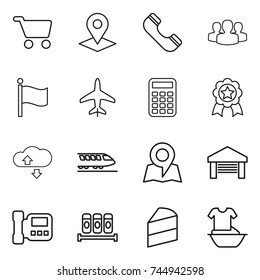 thin line icon set : cart, pointer, phone, group, flag, plane, calculator, medal, cloude service, train, map, garage, intercome, spices, cake, handle washing