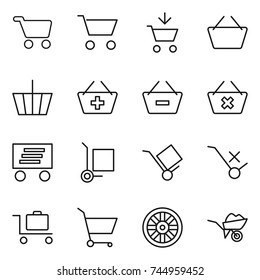 thin line icon set : cart, add to, basket, remove from, delete, delivery, cargo stoller, trolley, do not sign, baggage, wheel, wheelbarrow