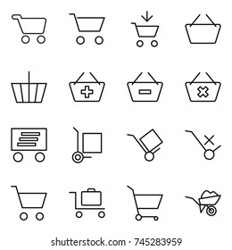 thin line icon set : cart, add to, basket, remove from, delete, delivery, cargo stoller, trolley, do not sign, baggage, wheelbarrow