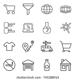 thin line icon set : cart, funnel, globe, team, diagram, notebook, round flask, bang, t shirt, route, transfer, no smoking, garage, ketchup, house