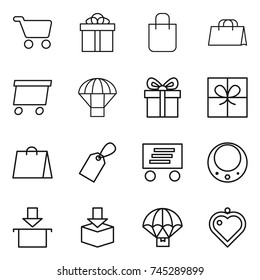 thin line icon set : cart, gift, shopping bag, delivery, parachute, label, necklace, package, heart pendant
