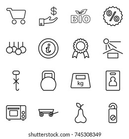 thin line icon set : cart, investment, bio, percent, sale, info, medal, sun potection, do not hook sign, heavy, identity card, grill oven, trailer, pear, distrub