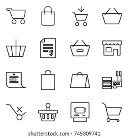 thin line icon set : cart, shopping bag, add to, basket, account balance, remove from, shop, list, mall, do not trolley sign, atm
