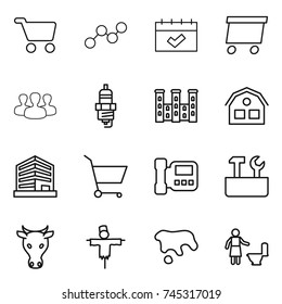 thin line icon set : cart, graph, calendar, delivery, group, spark plug, palace, house, office, intercome, repair tools, cow, scarecrow, spot, toilet cleaning