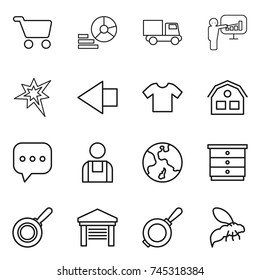 thin line icon set : cart, diagram, truck, presentation, bang, left arrow, t shirt, house, sms, workman, earth, chest of drawers, pan, garage, wasp