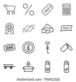 thin line icon set : cart, percent, sale, calculator, medal, up down arrow, ticket, info, do not hook sign, label, trailer, package, distrub, please clean