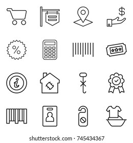 thin line icon set : cart, shop signboard, pointer, investment, percent, calculator, bar code, ticket, info, smart house, do not hook sign, medal, identity card, distrub, handle washing