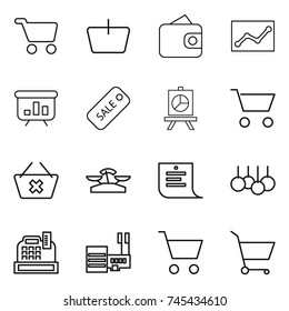 thin line icon set : cart, basket, wallet, statistics, presentation, sale, delete, scales, shopping list, cashbox, mall