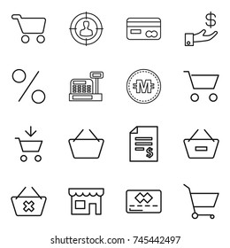 thin line icon set : cart, target audience, card, investment, percent, cashbox, crypto currency, add to, basket, account balance, remove from, delete, shop, credit